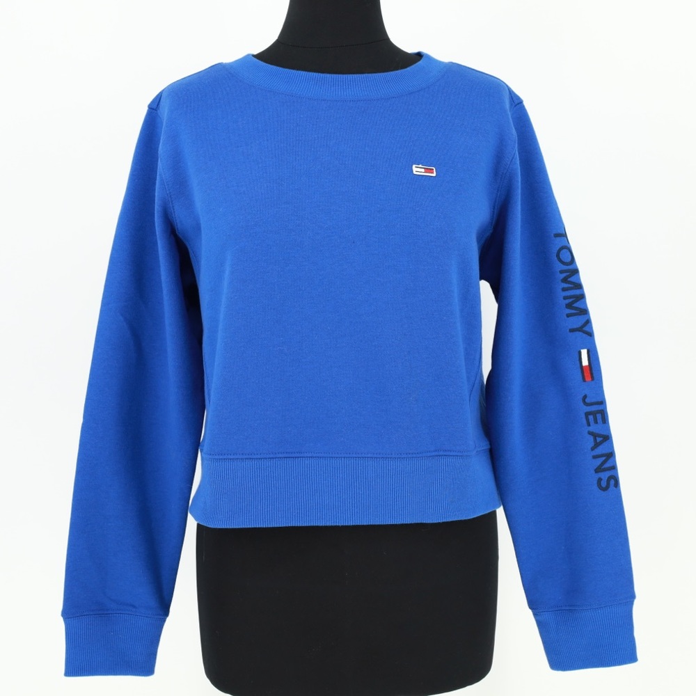 Tommy Jeans Blue‎ Crewneck Cropped Sweatshirt Long Sleeve Logo Womens Size Large